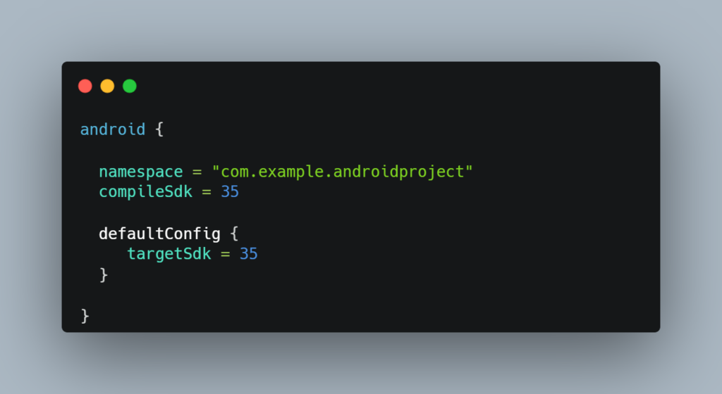 Snap from build.gradle.kts for demo compileSdk vs targetSdk