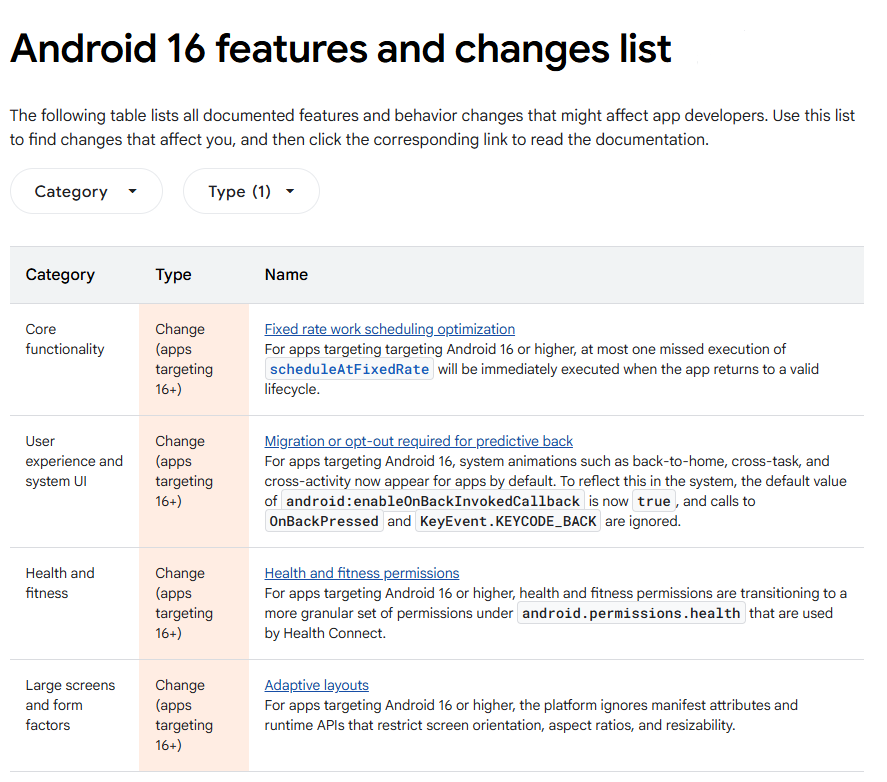 Android 16 developer changes
